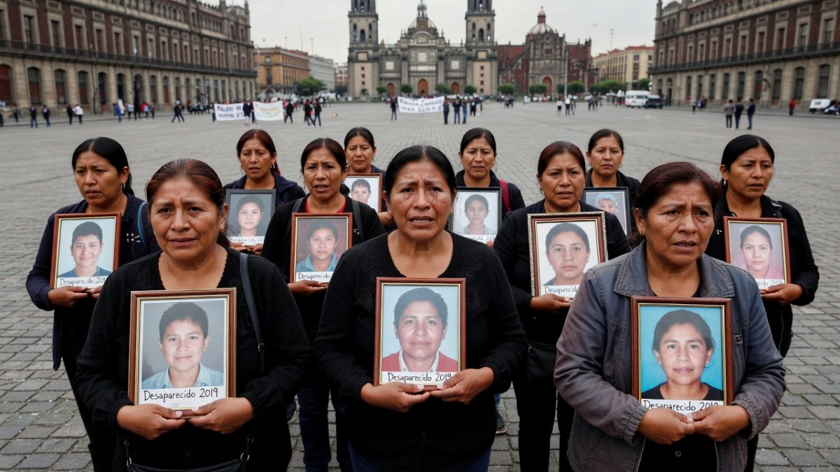 Mexican mothers and families holding photographs of missing loved ones during a protest in Mexico City
