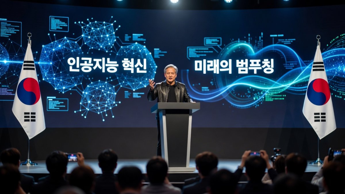 Nvidia CEO Jensen Huang at technology conference in Seoul with Korean flags and AI backdrop