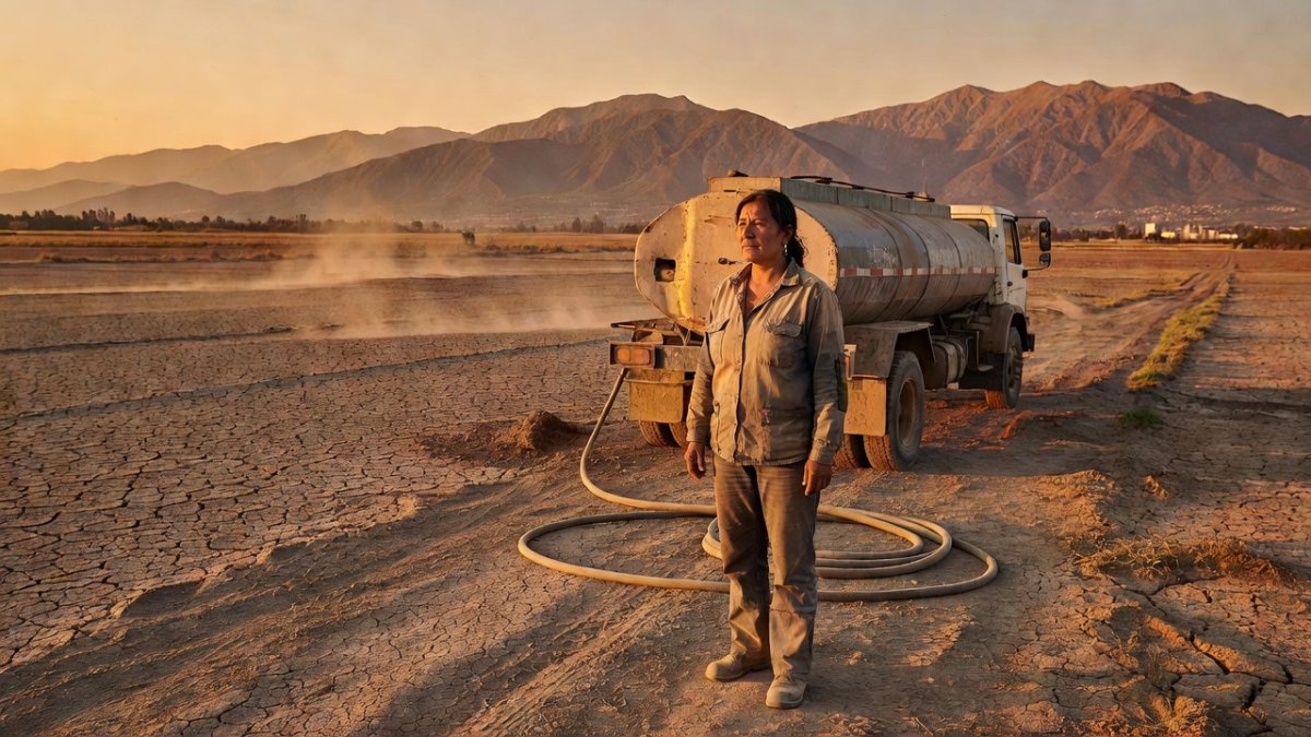 Chilean farmer woman standing by water truck in drought-stricken rural fields near Santiago