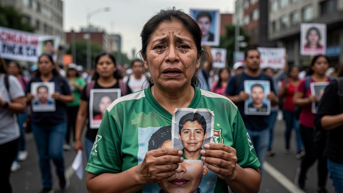 Close-up of a Mexican mother holding photo of her missing son during World Cup protest