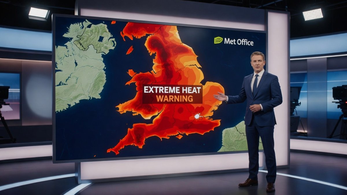 Met Office weather map showing red extreme heat warning for England and Wales