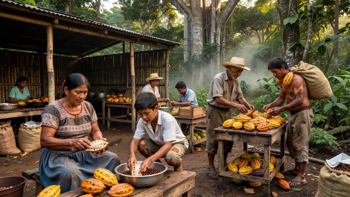 Colombian farmers sorting cacao pods at a community processing center in Putumayo