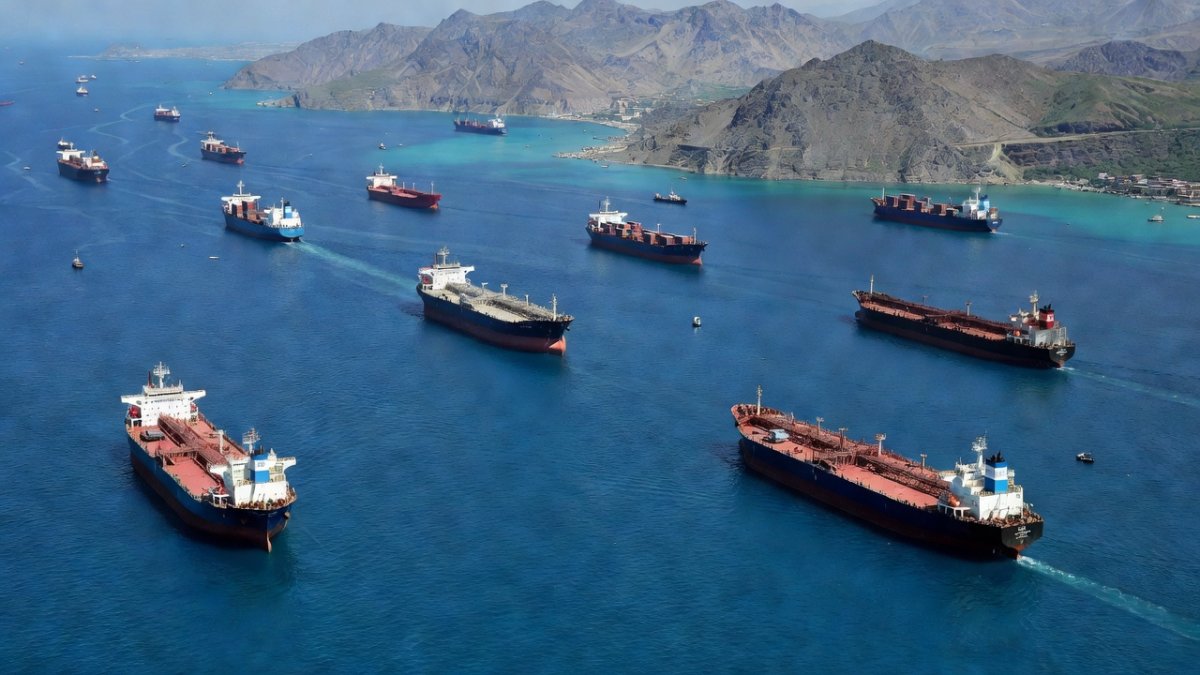 Aerial view of oil tankers and cargo ships in the narrow shipping lanes of the Strait of Hormuz
