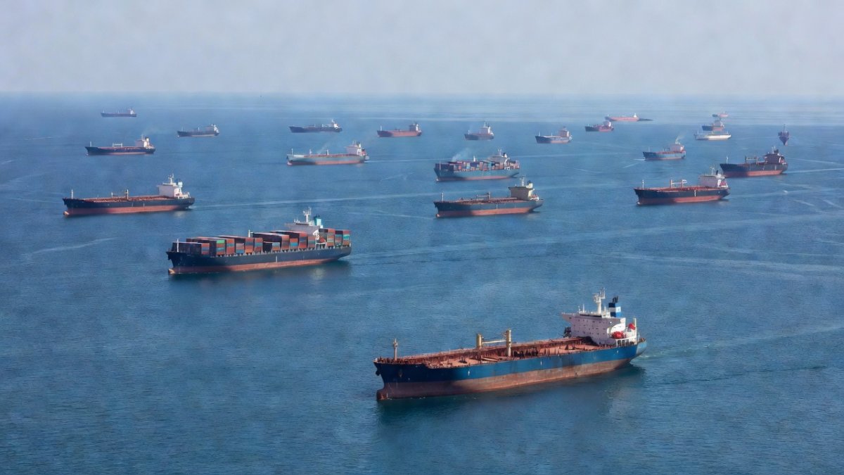 Ships at anchor in the Strait of Hormuz, a key maritime chokepoint for global oil shipments