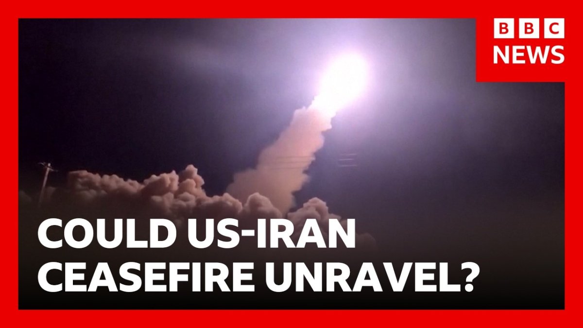 BBC News report thumbnail showing the US-Iran ceasefire situation.