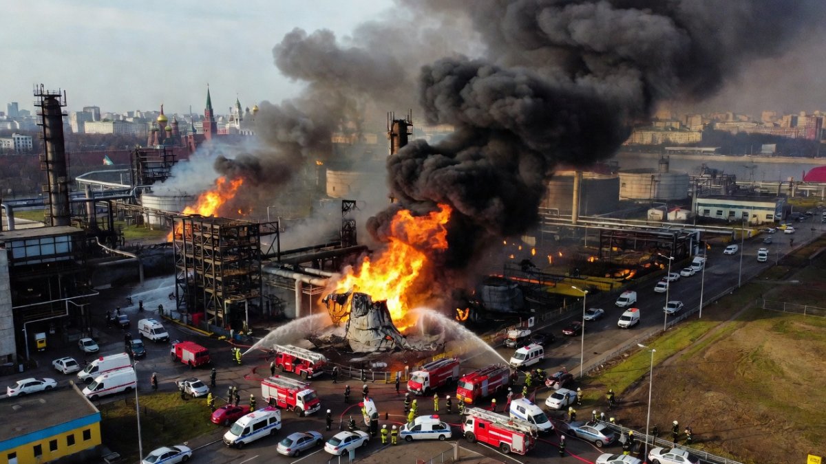 Black smoke from an oil refinery fire over Moscow skyline