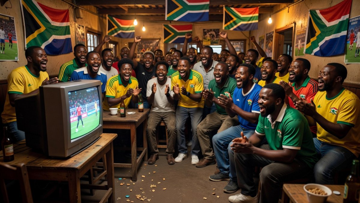 South African football fans watch World Cup match in a shebeen