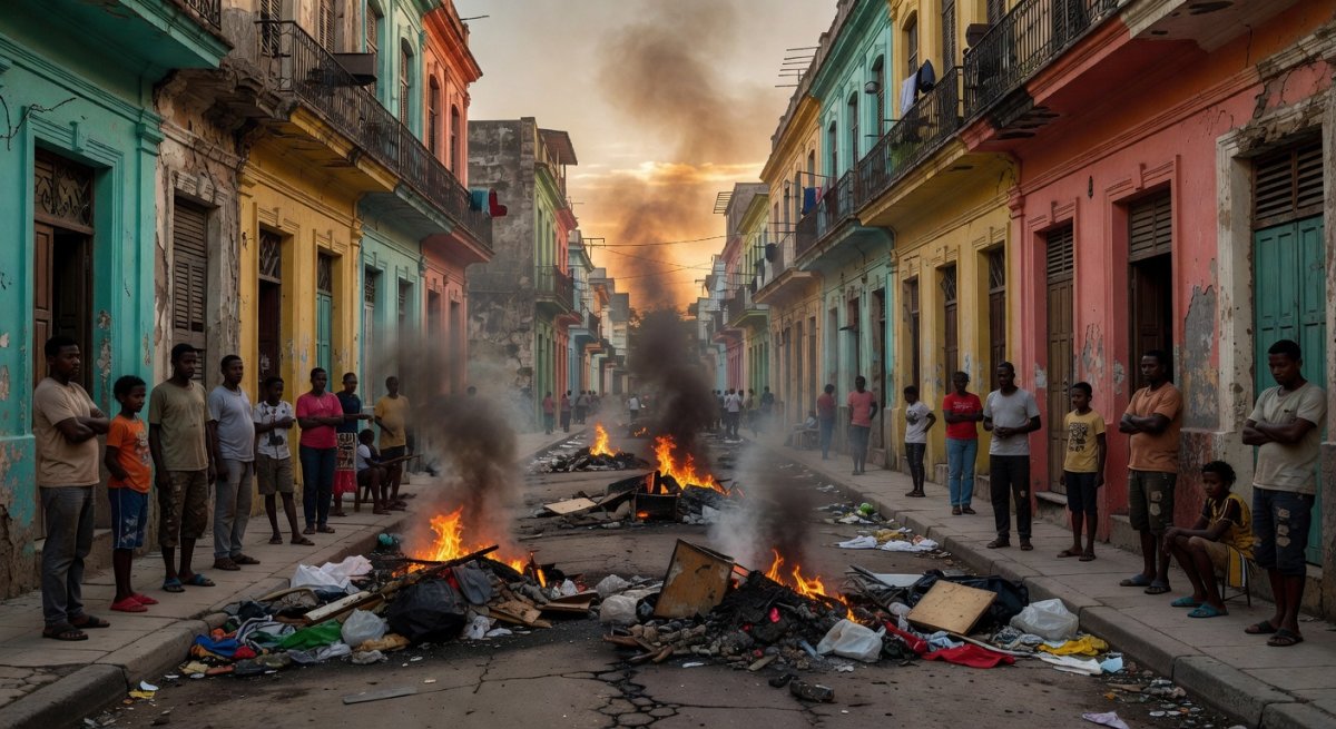 Residents burn waste piles on a Havana sidewalk