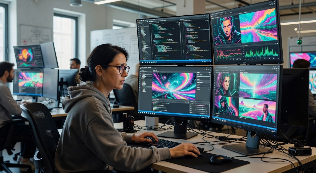 AI researcher working with AI image generation interface on monitor
