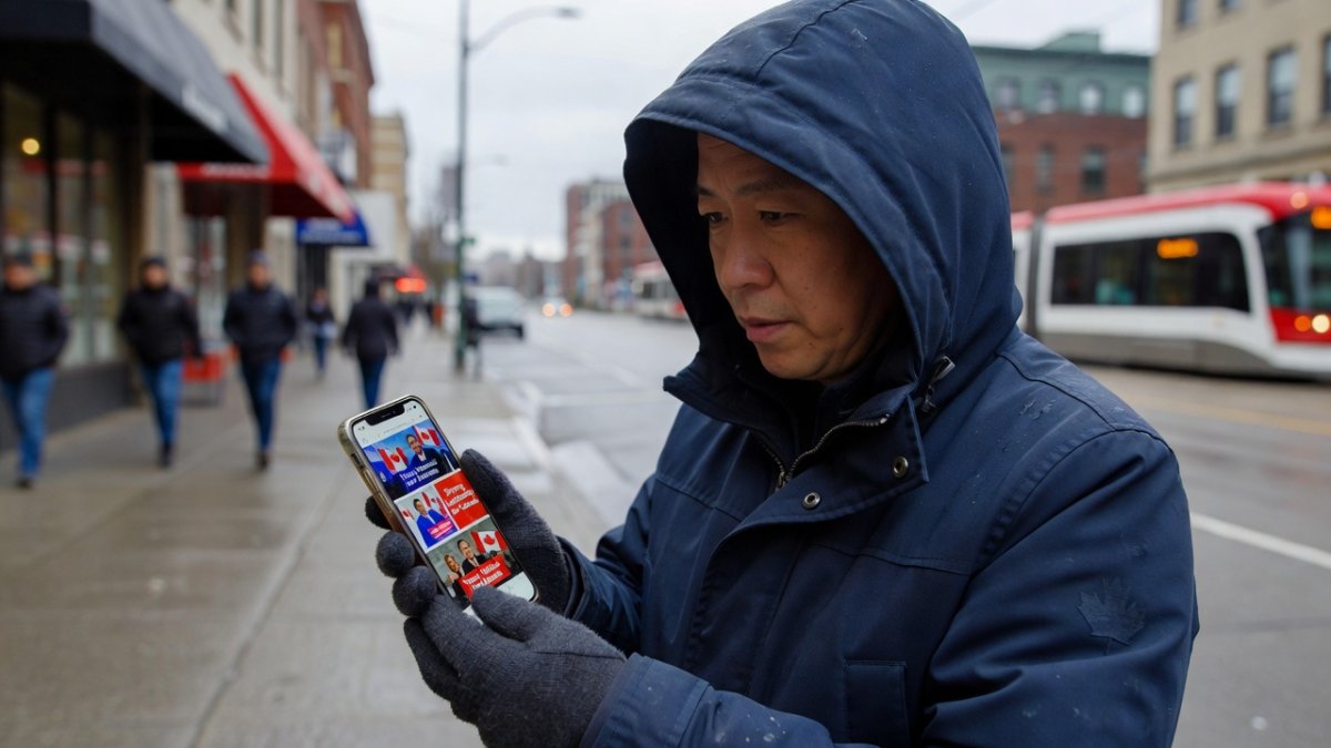 Canadian voters checking mobile phones during an election period