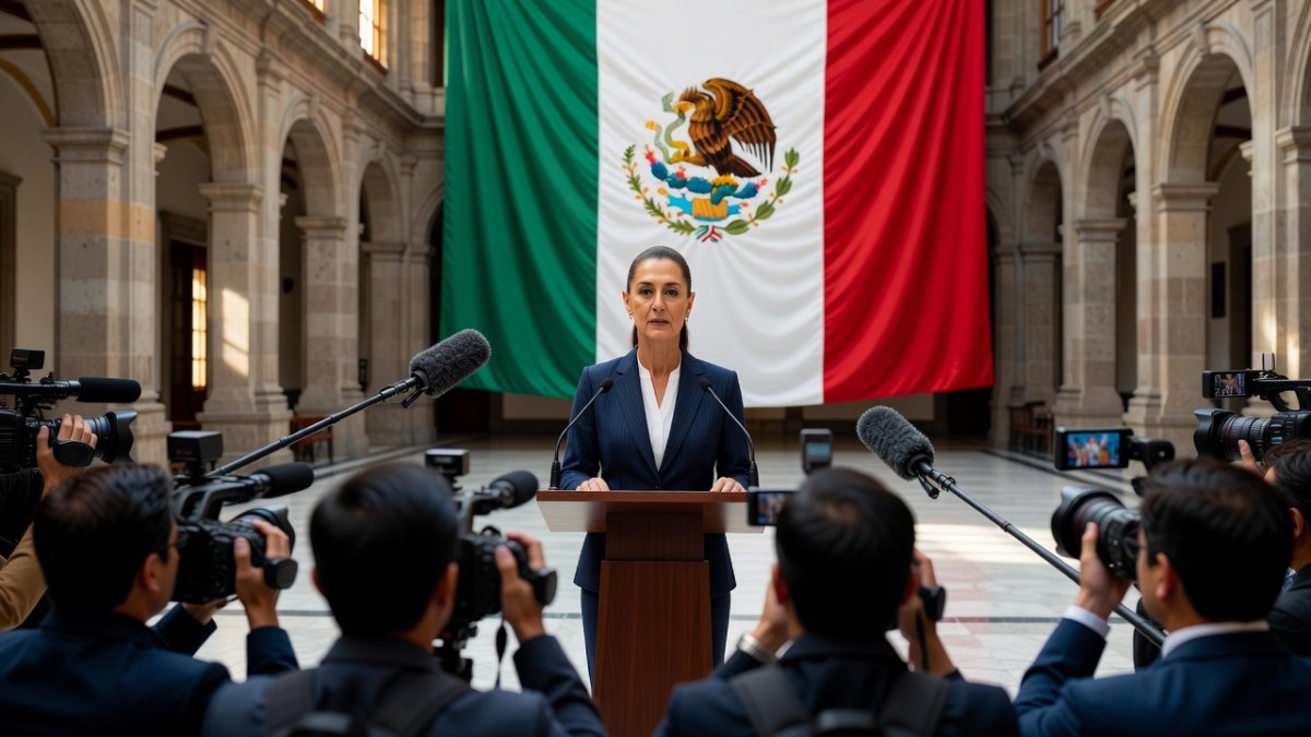 President Sheinbaum at a mañanera press conference at Palacio Nacional