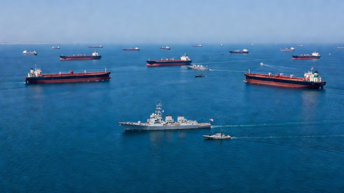 Aerial view of the Strait of Hormuz strategic waterway with military and commercial vessels, critical for global oil shipping