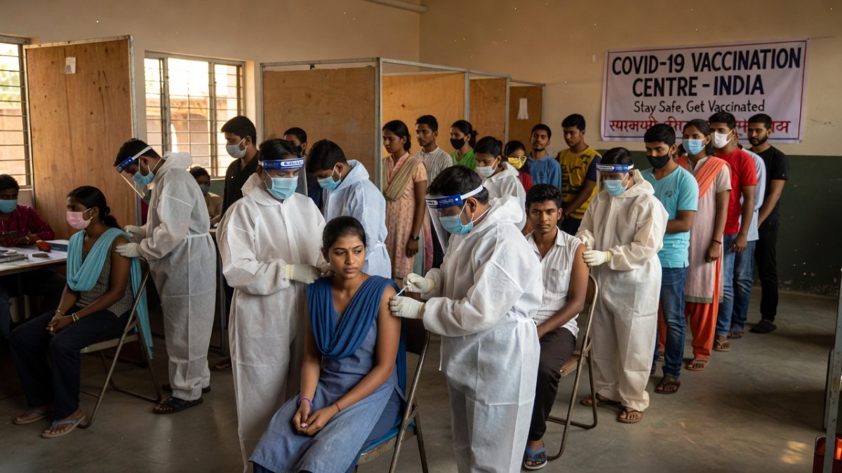 COVID-19 vaccination camp in India with healthcare workers administering vaccines to young adults