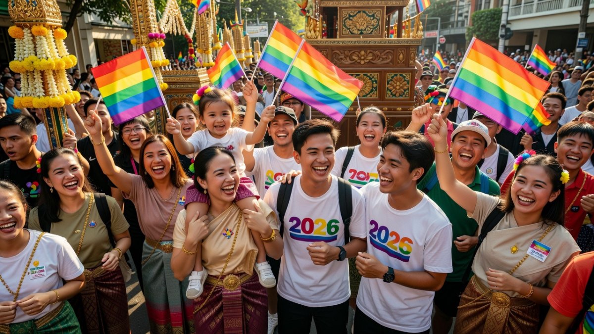 Diverse crowd celebrating at Bangkok Pride Festival 2026 with rainbow flags