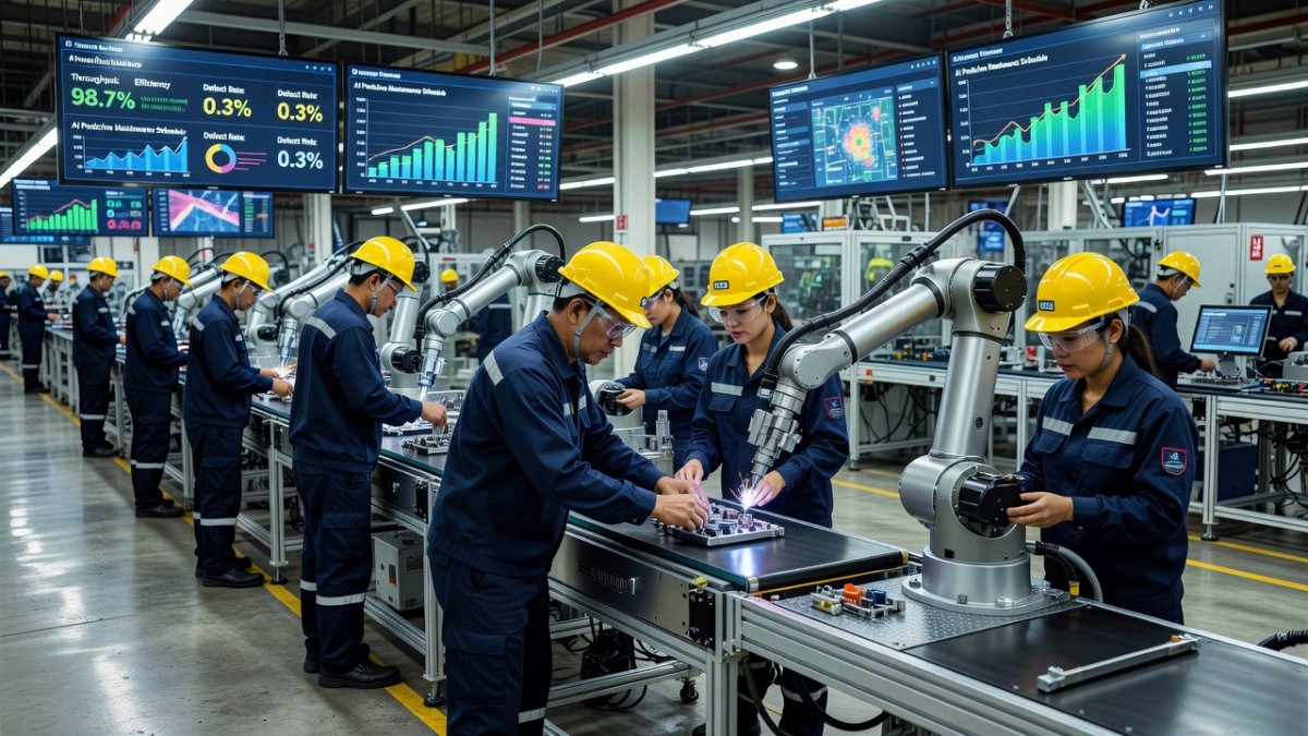 AI-powered manufacturing systems operating alongside Thai workers in Rayong province factory