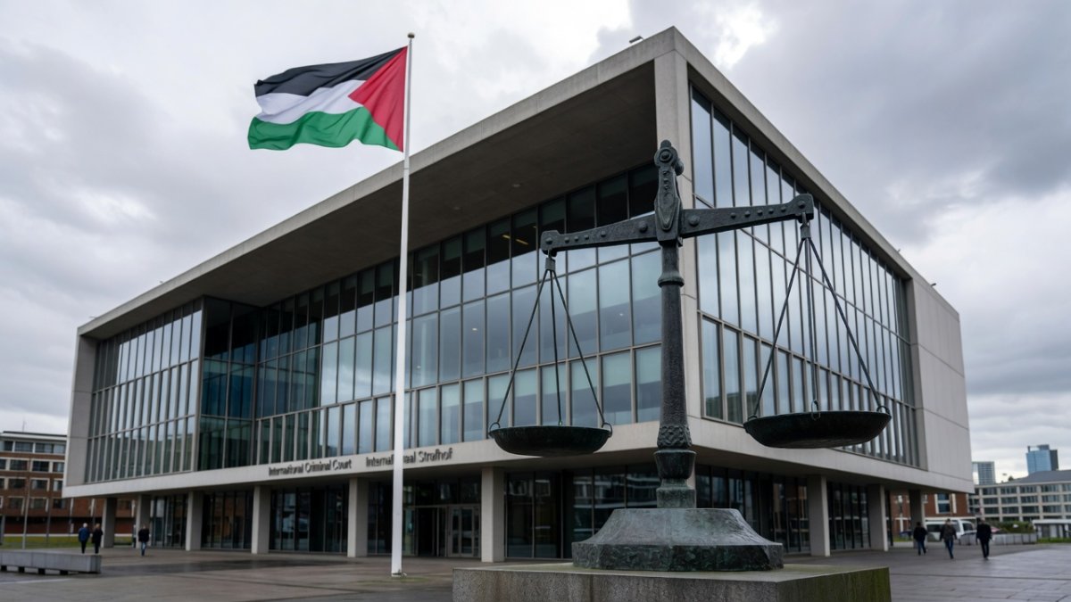 Palestinian flag and justice scales representing pursuit of accountability at the ICC