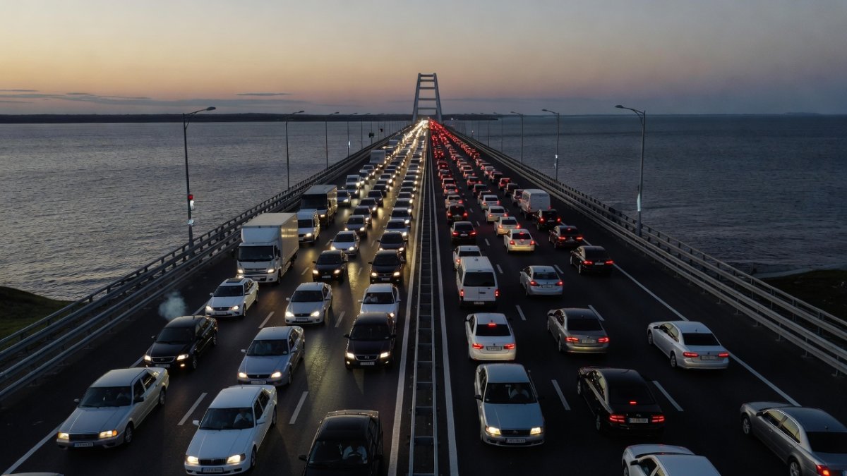 Traffic queue at Kerch Bridge connecting Crimea to mainland Russia