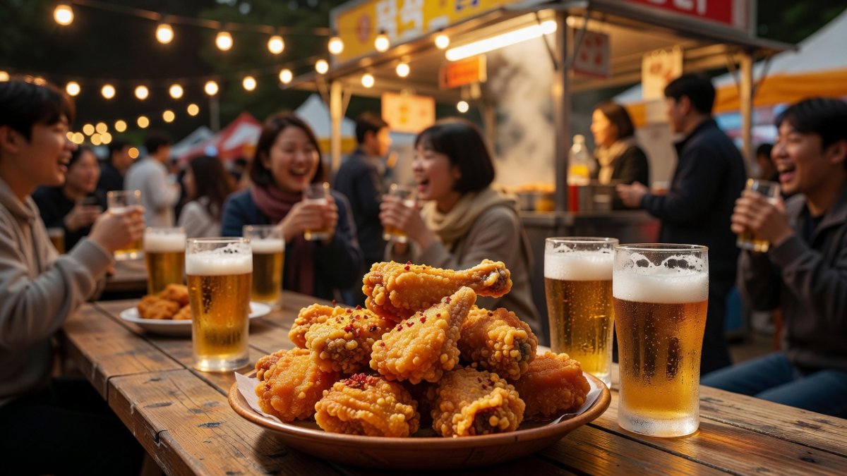 Korean fried chicken and beer chimaek at a Daegu festival food stall