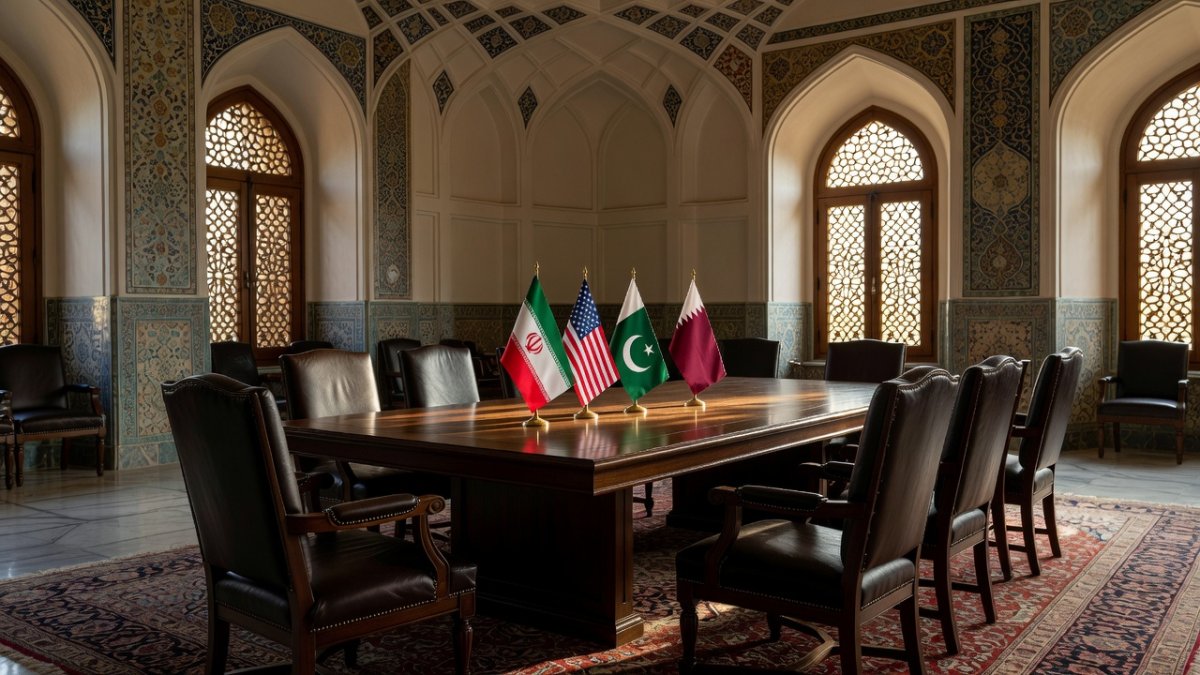 Diplomatic negotiation setting reflecting multilateral talks between US, Iran, Pakistan and Qatar