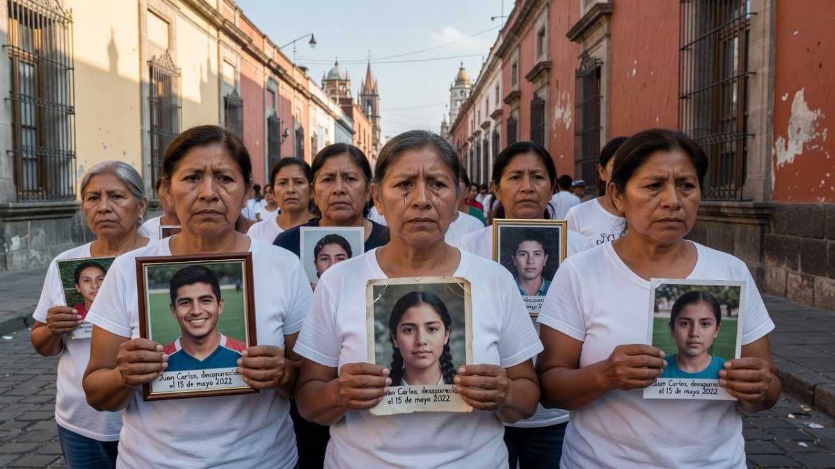 Madres buscadoras holding photos of missing loved ones during World Cup protest in Coyoacán