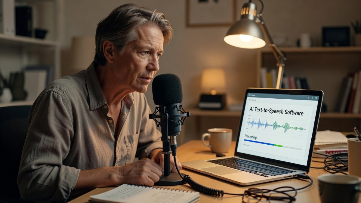 Person recording voice samples for AI text-to-speech training on a laptop