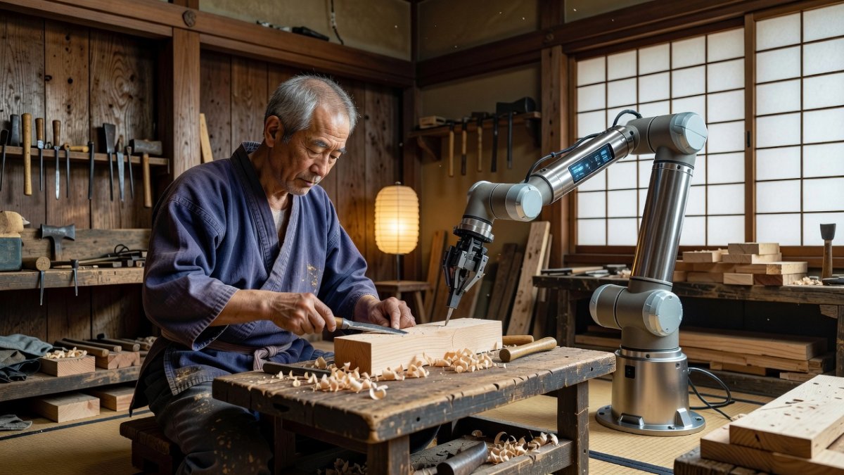 Japanese artisan working alongside AI-powered robotic arm in traditional workshop