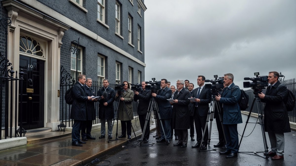 Journalists and camera crews outside 10 Downing Street as the Labour leadership crisis intensifies