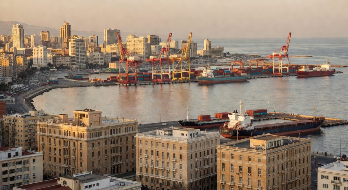 Aerial view of Beirut's Mediterranean coastline with government buildings
