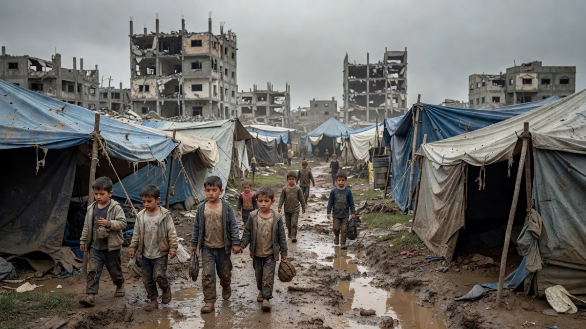 Displaced Palestinian families in tent camps in Gaza, June 2026
