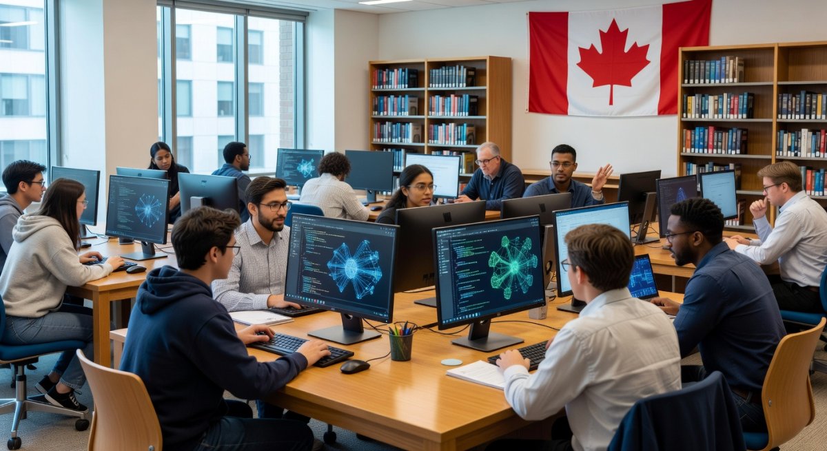 Canadian students and workers learning AI skills in a classroom setting