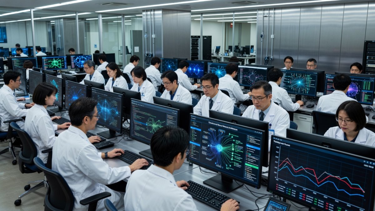 Japanese AI research laboratory with data visualization screens