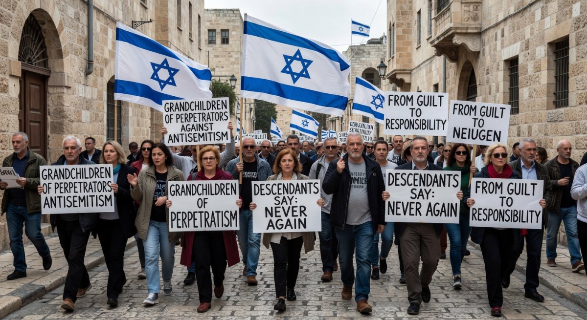 Participants marching through Jerusalem with Israeli flags