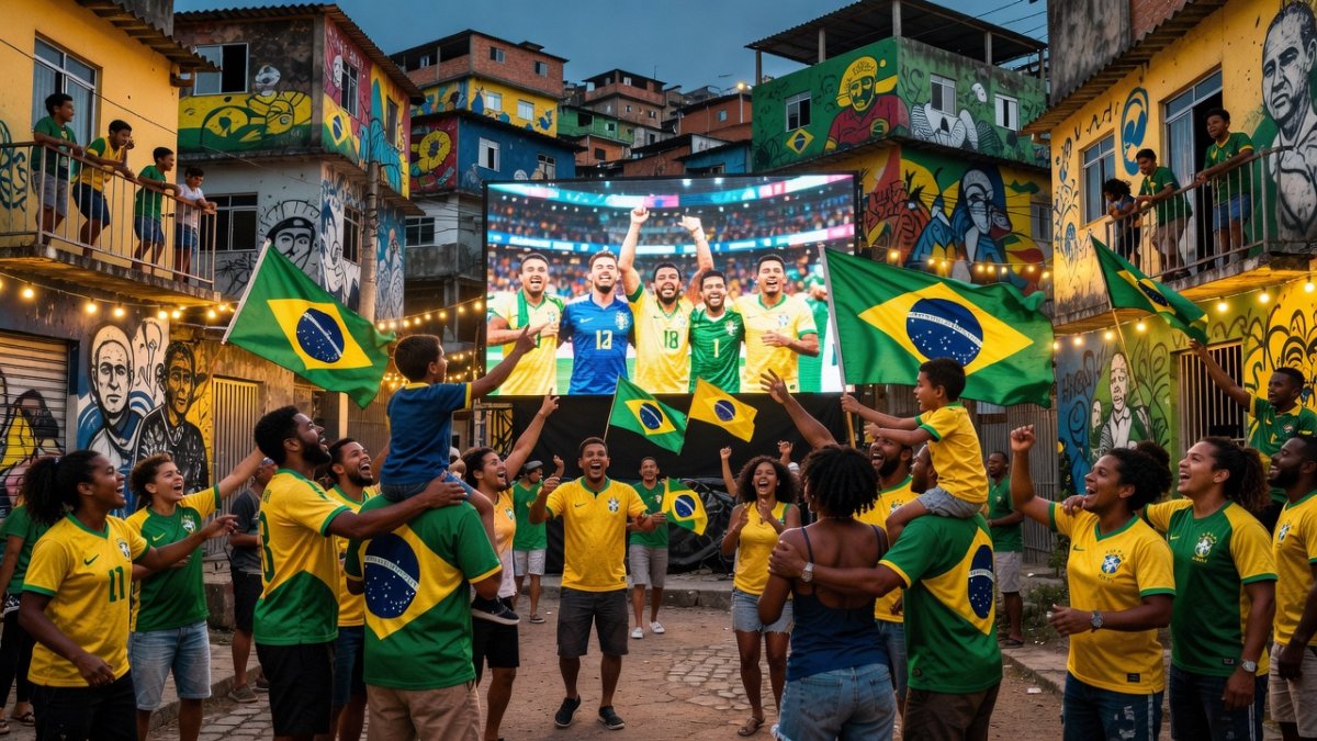 Brazilian football fans in a Rio de Janeiro favela gathering to watch World Cup matches on an outdoor screen, with festive atmosphere and favela buildings in background
