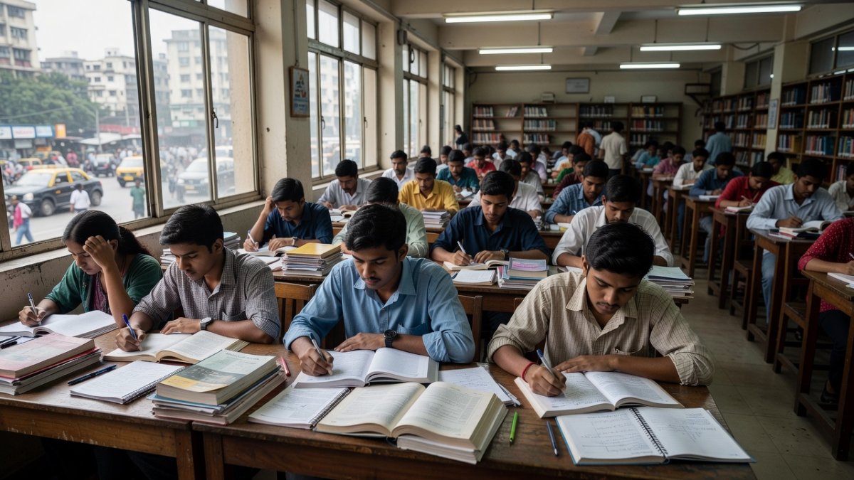 Indian students preparing for MPSC civil services examination in Mumbai library