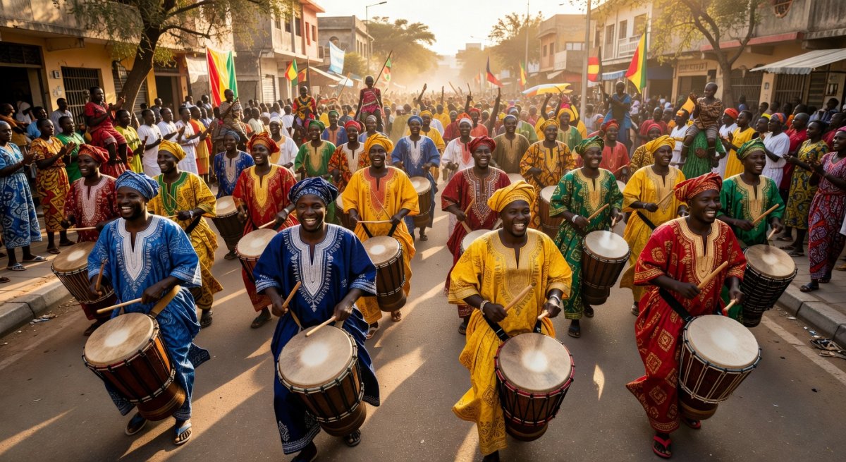 Dakar Carnival parade with ethnic groups in traditional boubous