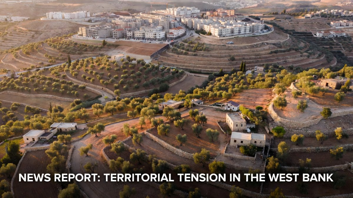 Aerial view of Palestinian farmland in the occupied West Bank with Israeli settlements on adjacent hilltops