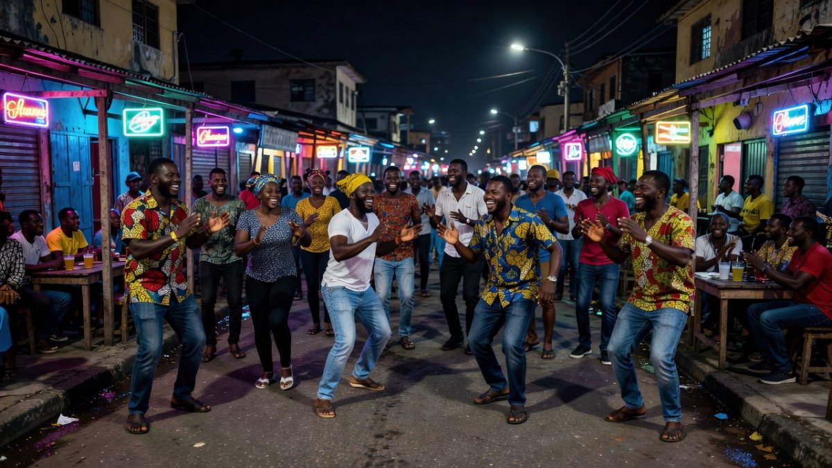 Vibrant street culture scene in Yopougon, Abidjan, celebrating the spirit of Rue Princesse