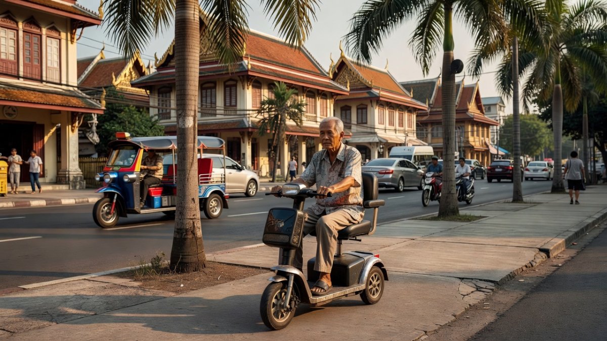 Elderly Thai citizen using an electric mobility scooter in a Bangkok neighborhood