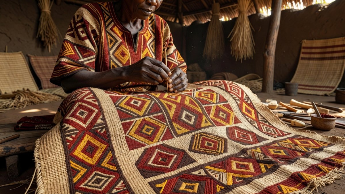 Handwoven Kuba cloth from the DRC Kasai region showing intricate geometric patterns and embroidery