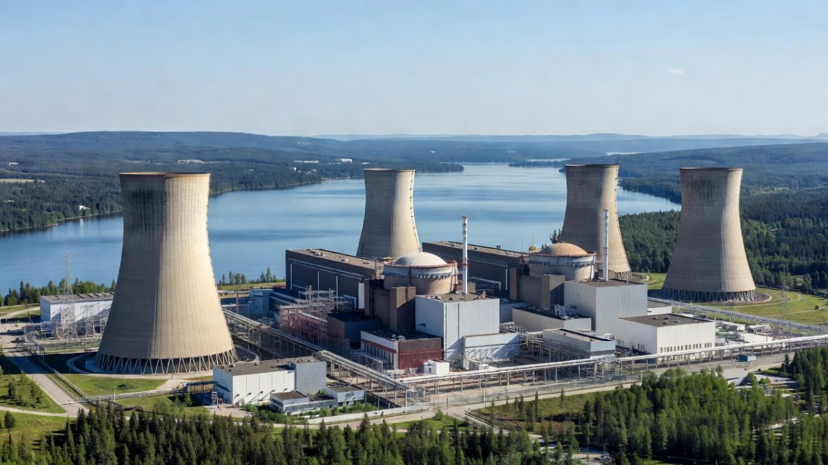 Aerial view of nuclear power plant with cooling towers beside a lake, representing Canada's nuclear energy infrastructure