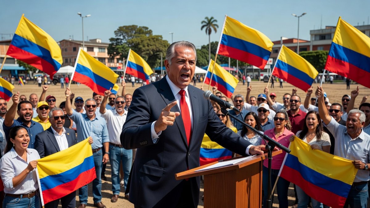 Abelardo de la Espriella, far-right Colombian presidential candidate known as The Tiger, speaking at a campaign rally