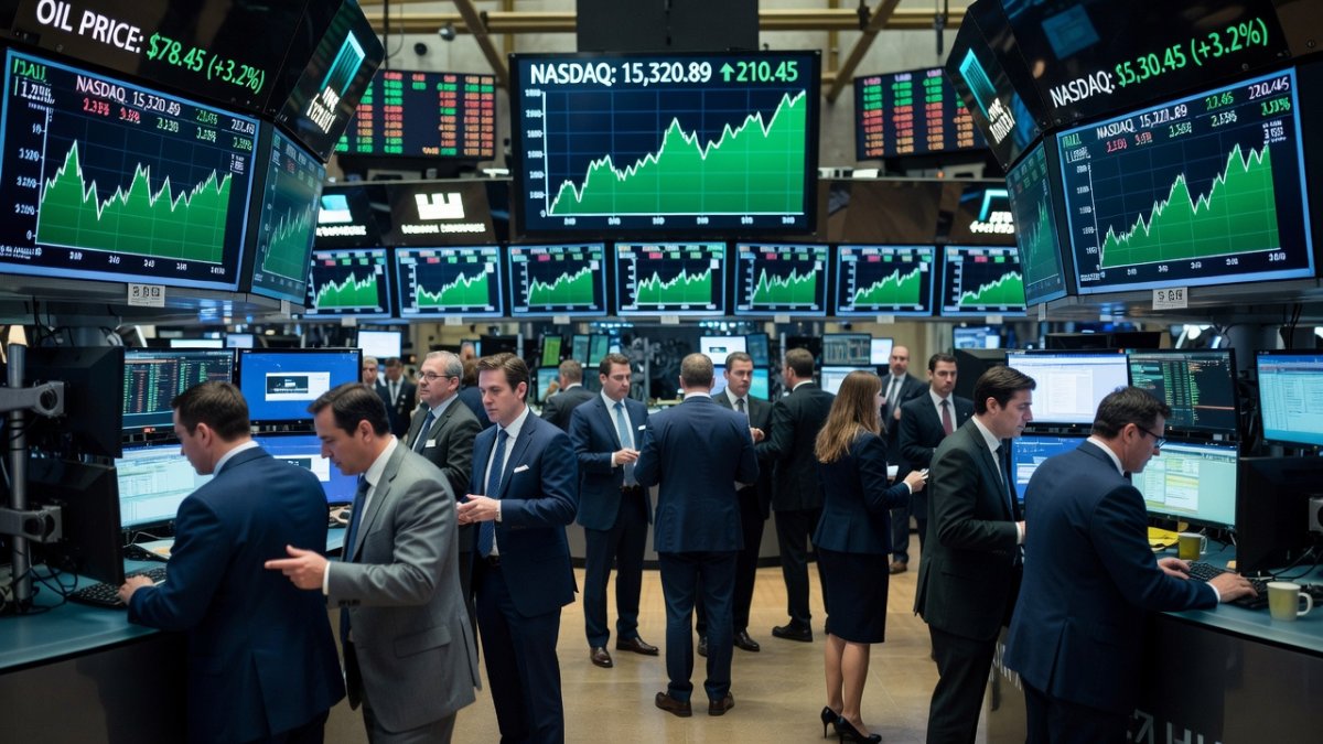 Stock market traders watching screens displaying green up-trending charts and oil price data