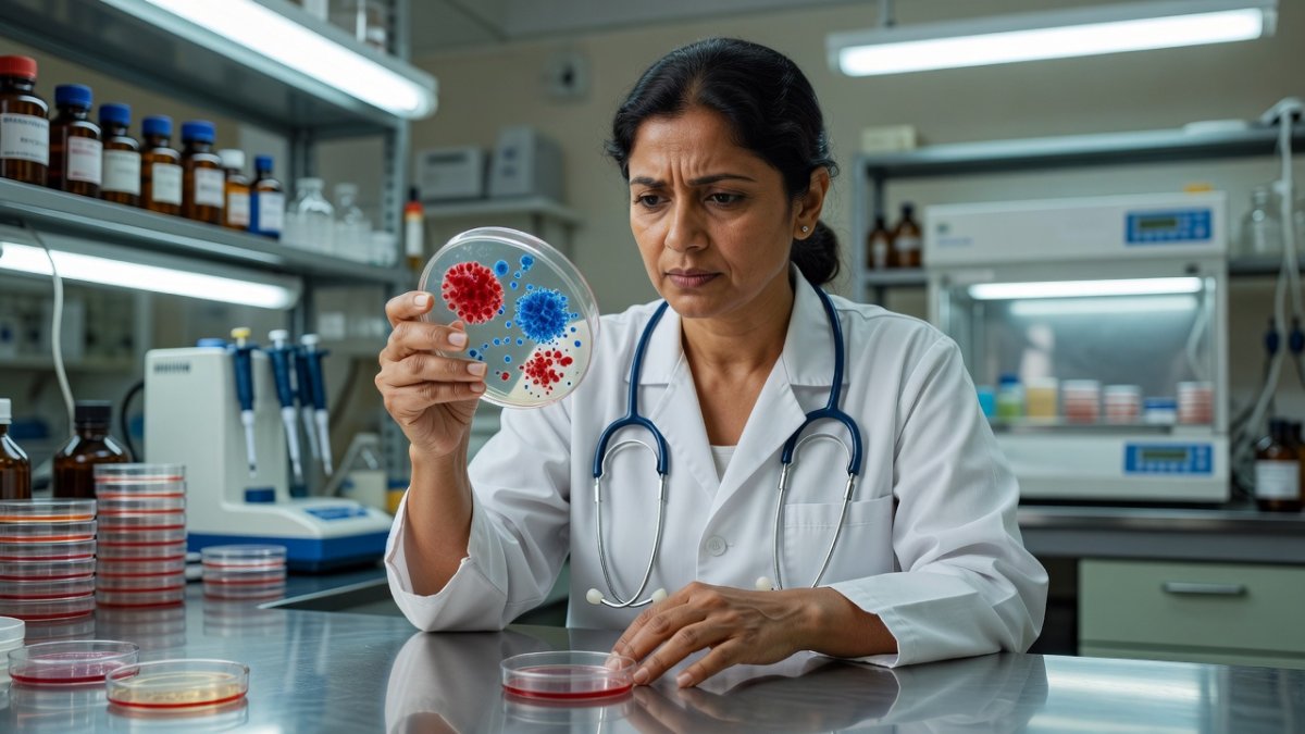 Medical researcher examining bacterial cultures in microbiology laboratory
