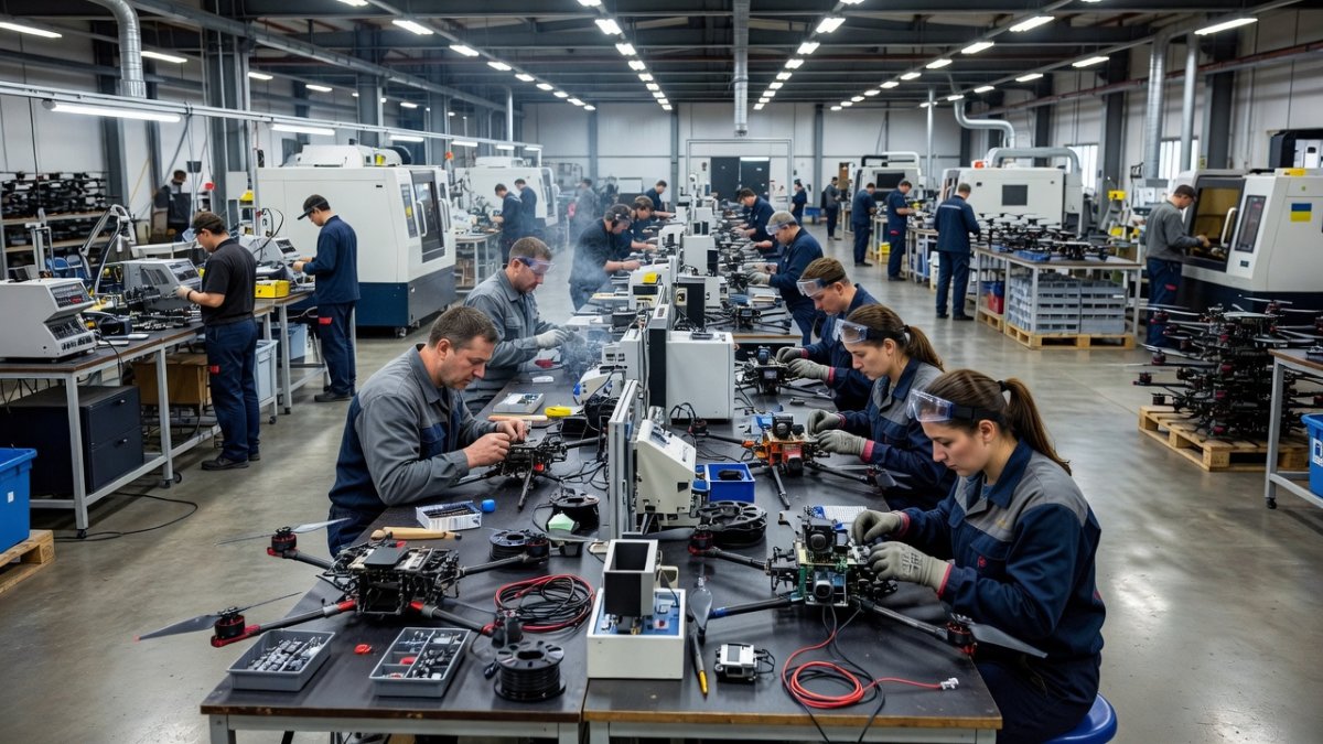 Workers assembling FPV drones at scale in a Ukrainian manufacturing facility