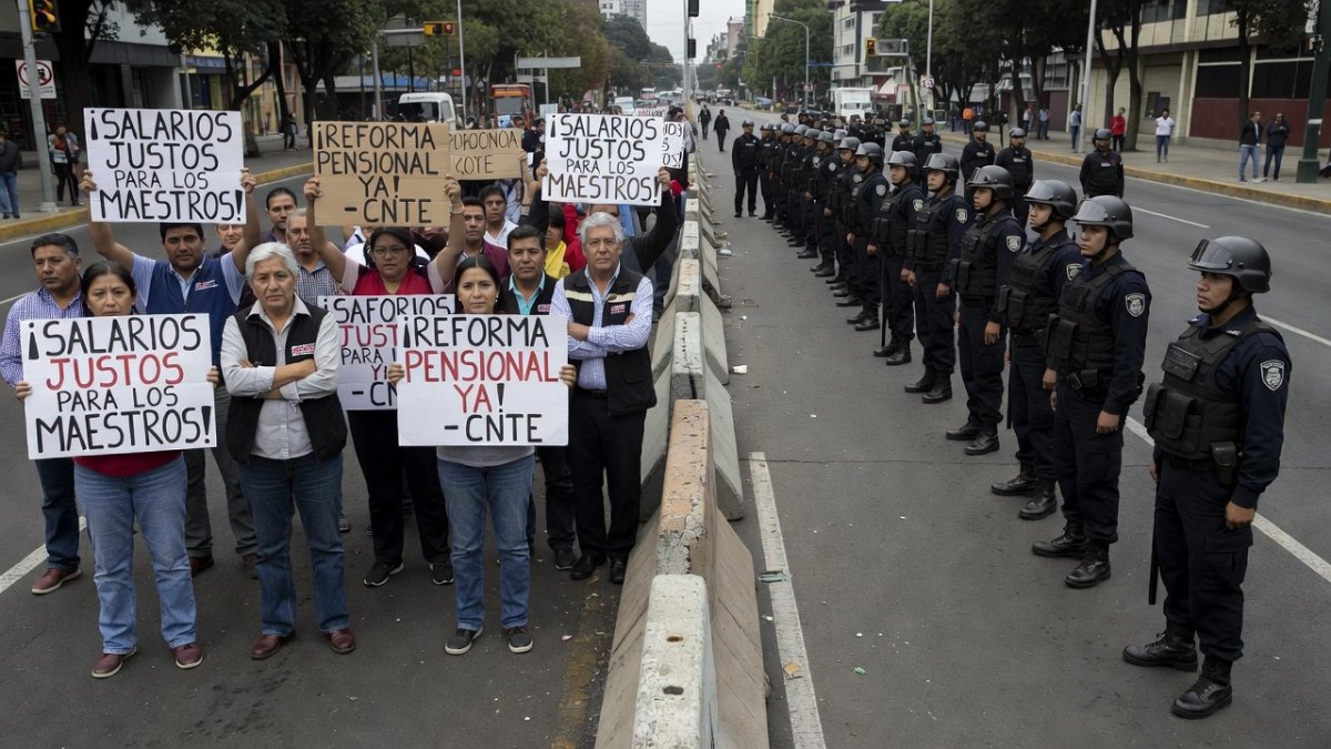 CNTE teachers standing behind concrete barriers on Calzada de Tlalpan during a protest in Mexico City