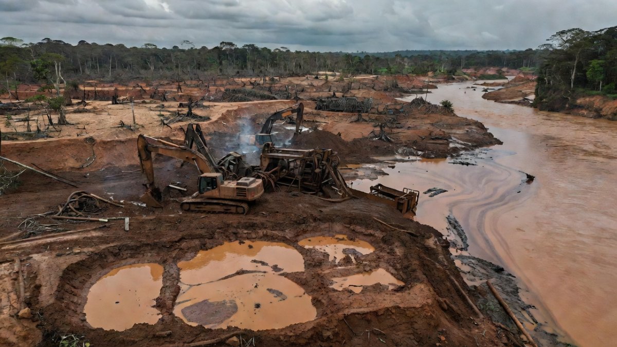 Illegal gold mining operations polluting rivers in Madre de Dios, Peru
