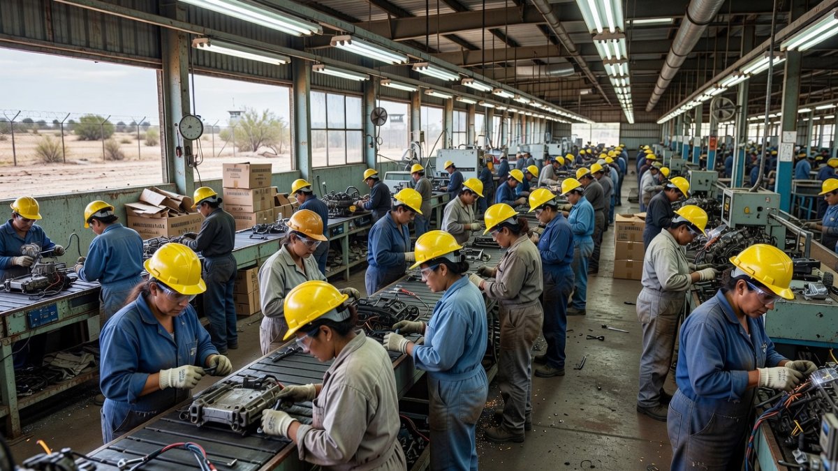 Mexican maquiladora factory workers assembling automotive parts near US-Mexico border