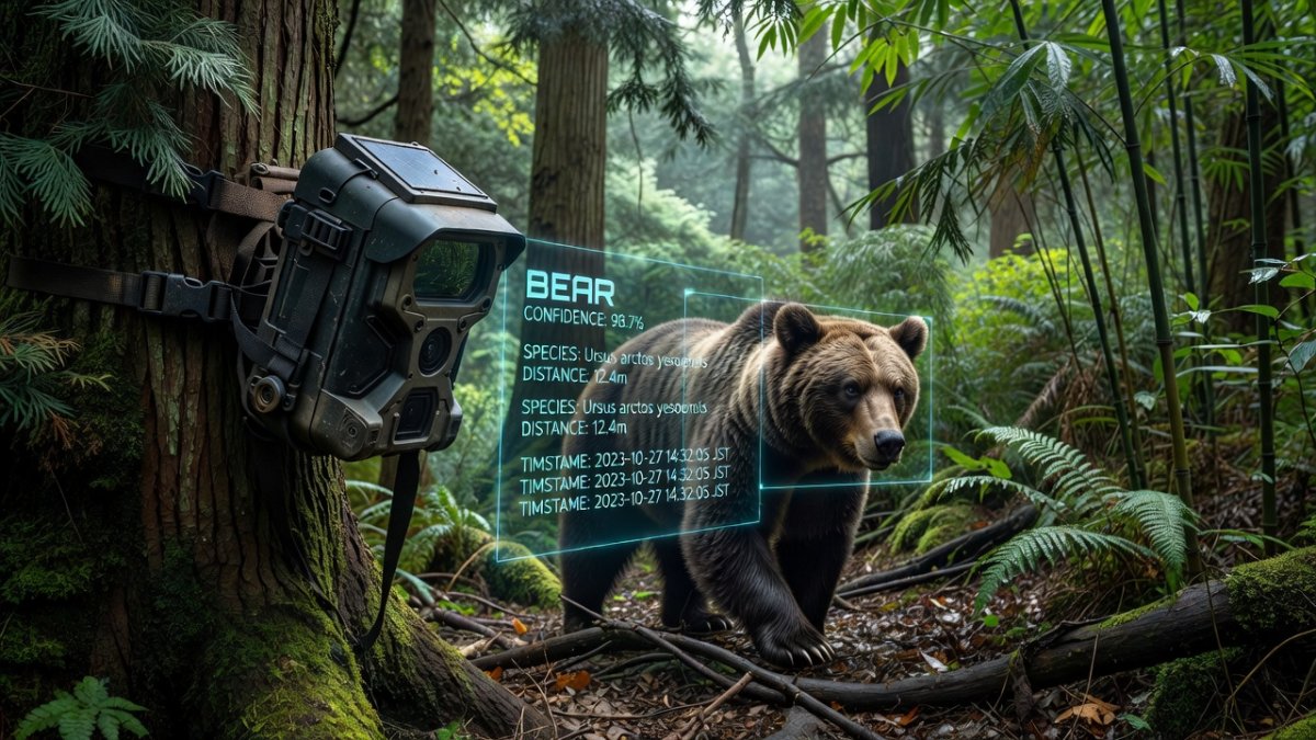 Trail camera with AI bear detection system in Showa Village forest
