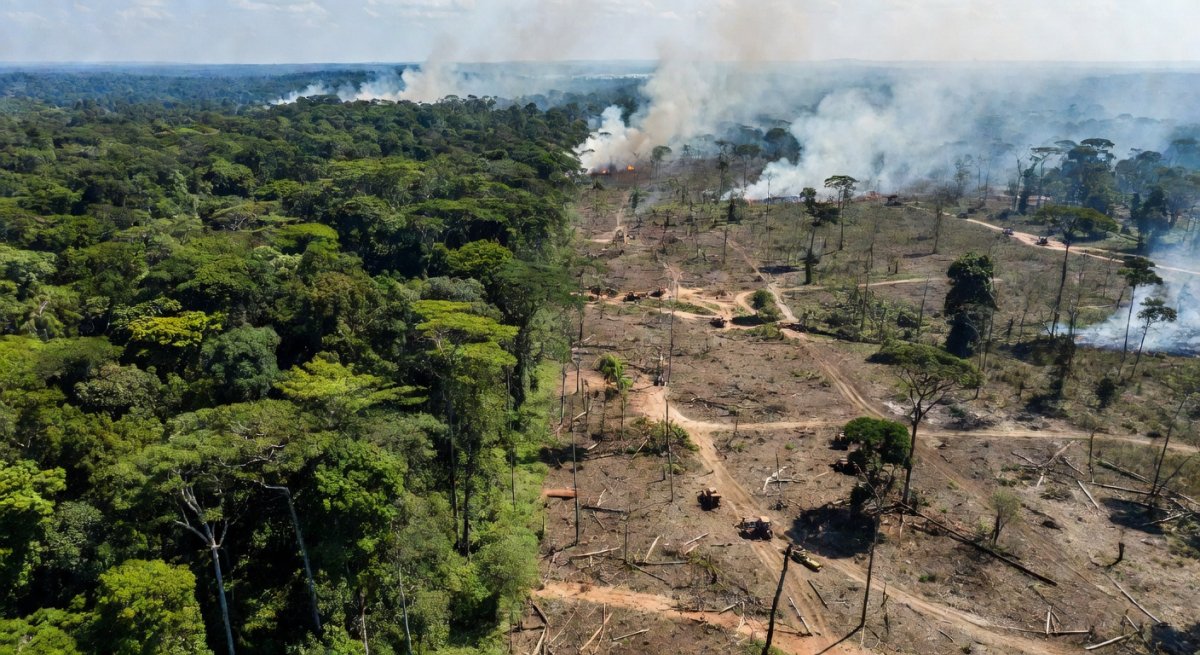 Amazon rainforest deforestation showing cleared land adjacent to forest
