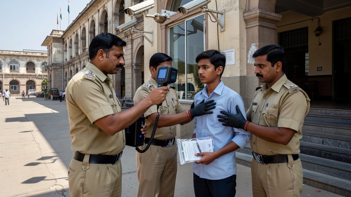 Security personnel conducting biometric verification at NEET re-exam centre